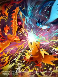  animal_focus articuno breath_weapon breathing_fire brown_eyes building city commentary_request company_name copyright_name copyright_notice electricity fiery_tail fiery_wings fire flying ice kasai_(pixiv24704749) moltres mouth_beam no_humans official_art open_mouth pokemon pokemon_(creature) pokemon_focus pokemon_tcg pokemon_tcg_pocket tail team_rocket v-shaped_eyes wings zapdos 