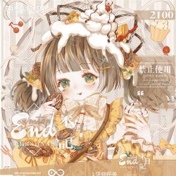  1girl :p aegyo_sal animated animated_gif bag bib_collar blinking blunt_bangs bow bow_button bowtie brown_hair center_frills cherry chinese_commentary choppy_bangs closed_mouth commentary_request commission cupcake detached_sleeves doughnut eyelashes eyeshadow food food-themed_hair_ornament food_on_head food_print frilled_sleeves frills fruit green_eyes grey_background hair_ornament hairclip happy holding holding_food ice_cream icing lace-trimmed_bowtie layered_sleeves light_blush long_sleeves makeup medium_hair object_on_head orange_eyeshadow original pizza print_bow print_bowtie puffy_long_sleeves puffy_sleeves red_bow red_ribbon ribbon sample_watermark shirt short_twintails shoulder_bag sleeve_ribbon smile solo spoon sprout striped_background tareme tongue tongue_out too_many_watermarks twintails upper_body vertical-striped_background vest watermark weibo_watermark white_bow white_bowtie white_shirt winking_(animated) x_hair_ornament yellow_bow yellow_bowtie yellow_sleeves yellow_vest zeson_zhizhi 