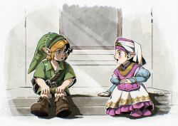  1boy 1girl artist_name bellachiiii belt blonde_hair blue_eyes blue_sleeves boots brown_belt brown_boots child commentary dress english_commentary fold-over_boots green_hat hat highres juliet_sleeves link long_sleeves looking_at_another open_mouth pointy_ears princess_zelda puffy_sleeves shoulder_belt sitting the_legend_of_zelda the_legend_of_zelda:_ocarina_of_time the_legend_of_zelda:_ocarina_of_time_(remake) watermark young_link young_zelda 