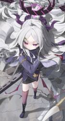  1girl absurdres amashirofumi black_halo black_skirt blue_archive blue_boots blue_coat blue_jacket boots closed_mouth coat coat_on_shoulders commentary_request demon_girl demon_horns demon_wings fur-trimmed_coat fur_trim grey_hair gun halo highres hina_(blue_archive) holding holding_gun holding_weapon horns jacket knee_boots long_hair machine_gun mg42 partial_commentary purple_thighhighs side_slit skirt solo thigh-highs very_long_hair violet_eyes weapon wings 