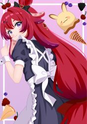  1girl absurdres apron berrycrepe black_bow black_dress bow cherry crepe cyari_(cyari_art) dress english_commentary food frilled_apron frills fruit gradient_hair grapes hair_bow hair_ornament highres indie_virtual_youtuber long_hair looking_at_viewer looking_back maid_apron multicolored_hair purple_hair red_hair squid_girl tentacle_hair very_long_hair violet_eyes virtual_youtuber white_apron white_wrist_cuffs wrist_cuffs x_hair_ornament 