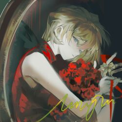  1girl absurdres bare_arms blue_eyes bouquet brown_hair chinese_commentary commentary_request dress flower gold_bow haibara_ai hair_between_eyes highres jishikou looking_at_viewer meitantei_conan mirror parted_lips red_dress red_flower red_ribbon reflection reflection_focus ribbon short_hair signature solo upper_body 