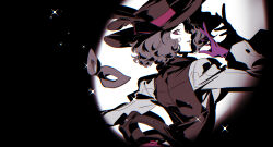  1girl black_hat commentary cowboy_shot doran_(doran7280) from_behind gloves grin hat highres long_sleeves looking_at_viewer looking_back mask medium_hair megami_tensei noir_(persona_5) okumura_haru pants persona persona_5 purple_gloves purple_pants simple_background smile solo spotlight unworn_mask violet_eyes 