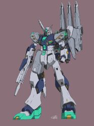  beam_cannon beam_rifle commentary_request energy_gun fin_funnels funnels_(gundam) grey_background gundam gundam:_hathaway's_flash highres holding holding_energy_gun holding_weapon mecha mecha_focus misirabi07 mobile_suit nu_gundam_mp_type robot saberstaff science_fiction signature simple_background solo standing v-fin weapon 