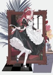  1girl absurdres animal_ears apron apron_hold artist_name black_dress black_shoes chinese_commentary closed_mouth commentary_request dress ear_ornament facial_mark full_body guanhuvu heart heart_facial_mark highres horse_ears horse_girl juliet_sleeves long_hair long_sleeves looking_at_viewer loves_only_you_(umamusume) maid maid_apron maid_headdress mary_janes multicolored_hair one_eye_closed pantyhose petticoat picture_frame puffy_sleeves red_hair shoes sleeve_cuffs smile solo two-tone_hair umamusume white_apron white_hair white_headdress white_pantyhose yellow_eyes 