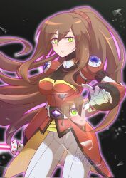  1girl black_background breasts brown_hair commentary corrupted_twitter_file energy_sword english_commentary green_eyes hair_between_eyes highres holding holding_sword holding_weapon iris_(mega_man) iris_-another-_(mega_man) jacket large_breasts long_hair long_sleeves looking_at_viewer mega_man_(series) mega_man_x_(series) mega_man_x_dive pants parted_lips ponytail pupuypuyu red_jacket robot_girl sword twitter_username very_long_hair weapon white_pants 