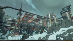  3d absurdres artist_name aurora autodesk_3ds_max_(medium) building camouflage commentary copyright_name email_address english_commentary english_text eve:_valkyrie eve_online glowing highres medium_name minmatar_republic_(eve_online) neil_gowland no_humans official_art outdoors radio_antenna realistic rock scenery science_fiction sky snow star_(sky) starry_sky unreal_engine_(medium) web_address zbrush_(medium) 