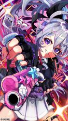  1girl absurdres black_cardigan black_gloves cardigan commentary english_commentary fingerless_gloves gloves grey_hair gun highres holding holding_gun holding_weapon hololive hololive_english jewel_under_eye koseki_bijou looking_at_viewer miku_(mikururun) nail_polish pebble_(koseki_bijou) purple_hair skirt solo violet_eyes virtual_youtuber weapon white_skirt 