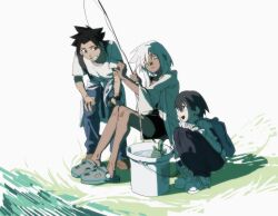  1girl 2boys absurdres backpack bag bucket commentary_request crocs dark-skinned_female dark_skin dawu233 false_memory fish fishing fishing_rod grass guan_chao_(false_memory) guan_chao_(teenager)_(false_memory) hair_down he_mingshuo highres lake long_hair looking_at_another multiple_boys pants shirt sitting sky smile spiky_hair squatting turtle white_hair white_shirt white_sky yi_(false_memory) 