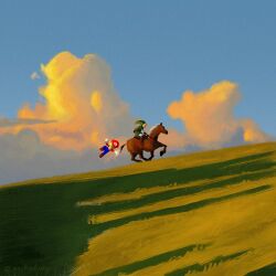  2boys absurdres artist_name brown_horse champion's_tunic_(zelda) clouds cloudy_sky green_tunic hat highres horse horseback_riding link mario multiple_boys noubodying riding scenery signature sky super_mario_bros. the_legend_of_zelda the_legend_of_zelda:_ocarina_of_time tunic twitter_username 