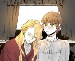  2girls blonde_hair brown_hair closed_eyes closed_mouth commentary_request eileen_rose freckles ghosts_of_greywoods green_eyes indoors korean_commentary leaning_on_person let_ink marie_white multiple_girls official_art shirt short_hair white_shirt 