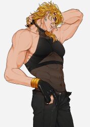  1boy abs absurdres black_gloves black_male_underwear black_nails black_pants black_shirt blonde_hair bracelet commentary_request dio_brando earrings fang gloves hand_on_own_hip hand_on_own_neck highres jewelry jojo_no_kimyou_na_bouken komiya_harumoto looking_at_viewer male_focus male_underwear muscular muscular_male nail_polish open_fly pants red_eyes ring scar scar_on_neck see-through_clothes shirt simple_background sleeveless sleeveless_shirt solo solo_focus standing stardust_crusaders teeth underwear 