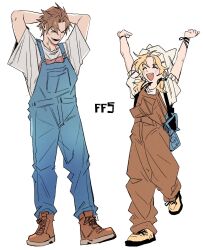  1boy 1girl alternate_costume arms_behind_head arms_up bag bartz_klauser blonde_hair blue_overalls blue_pants blush bracelet brown_hair brown_overalls brown_pants brown_shoes closed_eyes commentary_request final_fantasy final_fantasy_v full_body garbage_paper hat height_difference highres jewelry korean_commentary krile_mayer_baldesion_(ff5) open_mouth overalls pants shirt shoes short_sleeves simple_background smile white_background white_hat white_shirt yellow_shoes 