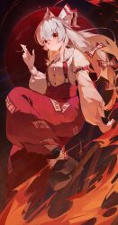  1girl absurdres arm_support belt between_fingers black_shoes bow buttons cigarette closed_mouth collared_shirt commentary_request fire foot_out_of_frame footwear_bow frown fujiwara_no_mokou hair_between_eyes hair_bow highres holding holding_cigarette kenkxx long_sleeves looking_at_viewer moon multiple_hair_bows ofuda ofuda_on_clothes pants puffy_long_sleeves puffy_sleeves red_belt red_eyes red_moon red_pants revision shirt shirt_tucked_in shoes sleeve_belt smoke smoking solo suspenders torn_clothes torn_sleeves touhou white_bow white_hair white_shirt 