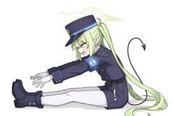  1girl absurdres armband belt black_belt blue_archive blue_armband blue_boots blue_hat blue_jacket blue_shorts boots buttons commentary_request demon_tail double-breasted earrings fang from_side gloves green_hair halo hat highres jacket jewelry long_hair nozomi_(blue_archive) open_mouth pantyhose pointy_ears seohyong shorts simple_background sitting skin_fang solo stretching sweat tail twintails very_long_hair white_background white_gloves white_pantyhose yellow_eyes 