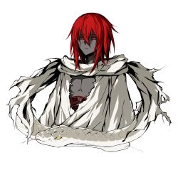  1boy absurdres colored_skin commentary_request fujii_ren grey_skin highres kajiri_kamui_kagura looking_at_viewer pandemonic_planet_(wmzplanet) red_eyes red_hair scarf shinza_bansho_series snake snake_wrapped_around_body tenma_yato torn_clothes white_background white_scarf 
