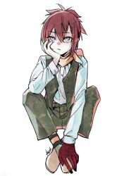  1boy alex_tiamat allen_walker artist_name black_socks brown_hair brown_shoes colored_extremities colored_skin commentary_request d.gray-man elbow_on_knee eyelashes full_body green_pants green_vest grey_eyes hair_between_eyes hair_up hand_on_own_chin hand_on_own_foot long_sleeves looking_to_the_side male_focus medium_hair on_ground orange_scarf orange_socks pants red_skin scarf shirt shoes sidelocks signature simple_background sitting socks solo two-tone_socks unbuttoned_vest vest white_background white_shirt 