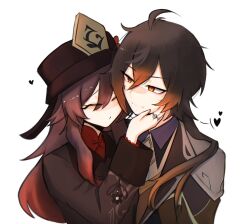  1boy 1girl bead_bracelet beads black_hair black_hat bracelet brown_hair couple face-to-face formal_clothes genshin_impact gradient_hair hair_between_eyes hand_on_another's_cheek hand_on_another's_face hat heart hu_tao_(genshin_impact) hug imminent_kiss jacket jewelry jun_2323 long_hair long_sleeves multicolored_hair multiple_rings ponytail porkpie_hat ring suit symbol-shaped_pupils yellow_eyes zhongli_(genshin_impact) 