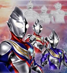  3boys alien arrow_(symbol) blue_background clenched_hands color_timer colored_skin commentary compound_eyes cropped_torso crystal dorsal_fin fighting_stance forehead_jewel form_change from_below giant giant_male glowing glowing_eyes gradient_background hands_up hanejidyna86 highres looking_ahead male_focus multicolored_skin multiple_boys multiple_views muscular muscular_male no_pupils patterned_background pectorals pointy_ears purple_skin pyramid_(geometry) red_background red_skin side-by-side silver_skin statue tokusatsu toned toned_male twitter_username two-tone_background two-tone_skin ultra-ancient_giants_of_light_statues ultra_series ultraman_tiga ultraman_tiga_(multi_type) ultraman_tiga_(power_type) ultraman_tiga_(series) ultraman_tiga_(sky_type) white_eyes wrinkled_skin 