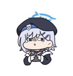  1girl beret black_hat black_jacket black_sailor_collar black_shirt blue_archive blue_eyes chibi finger_touching grey_hair hair_ornament hairclip halo hat jacket long_sleeves lowres neckerchief nyaru_(nyaru_4126) off_shoulder open_clothes open_jacket parted_lips puffy_long_sleeves puffy_sleeves sailor_collar school_uniform serafuku shirt simple_background sleeves_past_wrists solo sumika_(blue_archive) tears upper_body white_background white_neckerchief 