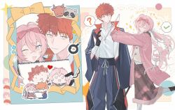 >_< 1boy 1girl :3 ? artist_request black_gloves blush bow bow_(weapon) breasts briefcase chibi child's_drawing closed_eyes closed_mouth coat commentary_request confused cow drawing_(action) dress emiya_shirou fate/stay_night fate_(series) fingerless_gloves gloves hair_between_eyes hair_ornament highres holding holding_bow_(weapon) holding_briefcase holding_weapon long_hair long_sleeves looking_at_viewer momomiya_shizuku_(gaoyue_jixiang) multicolored_hair oc_x_canon open_mouth orange_hair original pencil pink_coat pink_eyes pink_hair raccoon second-party_source shirt skirt smile twintails weapon white_background 