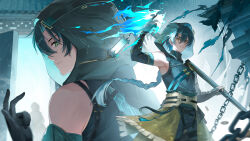  1boy absurdres bare_shoulders black_gloves black_hair black_pants blue_fire braid chain closed_mouth daidaiseng elbow_gloves fire gate gloves green_eyes hair_between_eyes hand_up heterochromia highres holding holding_polearm holding_weapon jingran_(wuthering_waves) long_hair male_focus multicolored_hair multiple_views pants polearm projected_inset smile streaked_hair tacet_mark_(wuthering_waves) weapon wuthering_waves yellow_eyes 