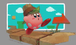  ?_block assemblerones blue_eyes blush_stickers bright_pupils clouds commentary_request dated full_body grass kirby kirby_(series) no_humans open_mouth piranha_plant solo super_mario_bros. super_smash_bros. walking white_pupils 
