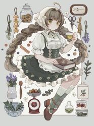  1girl ahoge apron blush book border braid brown_hair brown_shoes closed_mouth commentary_request cup dot_nose dress food frilled_dress frilled_sleeves frills fruit full_body green_dress green_eyes green_socks grey_border hair_intakes headscarf heterochromia highres holding holding_cup lemon lemon_slice long_hair looking_at_viewer original outside_border pinafore_dress ribbed_socks scissors shirt shoes short_sleeves sleeveless sleeveless_dress socks solo tabi_0v0 twin_braids waist_apron weighing_scale white_apron white_background white_headscarf white_shirt yellow_eyes 