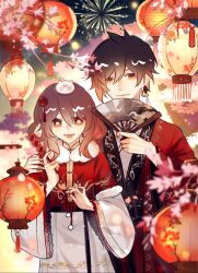  1boy 1girl alternate_costume black_hair brown_hair chinese_clothes couple earrings fireworks flower-shaped_pupils fushixiaobaizi genshin_impact hair_between_eyes hand_fan hanfu highres holding holding_fan hu_tao_(genshin_impact) jewelry lantern long_sleeves looking_at_viewer open_mouth paper_lantern qixi_festival red_eyes single_earring smile symbol-shaped_pupils tanghulu tassel tassel_earrings yellow_eyes zhongli_(genshin_impact) 