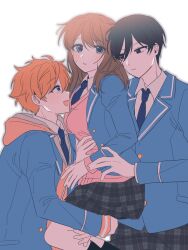  1girl 2boys akehoshi_subaru anzu_(ensemble_stars!) black_hair blazer blue_eyes blue_jacket blue_necktie brown_hair carrying carrying_person commentary ensemble_stars! grey_skirt hair_between_eyes hand_on_another's_arm hand_on_another's_waist hetero hidaka_hokuto highres hood hood_down jacket jjora korean_commentary lapels long_sleeves looking_at_another looking_at_viewer medium_hair multiple_boys necktie notched_lapels orange_hair pink_sweater_vest school_uniform short_hair simple_background skirt sweater_vest white_background yumenosaki_school_uniform 