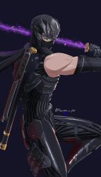  1boy absurdres arm_guards armor artist_name bare_shoulders black_armor black_background black_gloves black_mask black_scarf breastplate commentary dragon_sword elbow_gloves english_commentary forehead_protector gauntlets gloves glowing glowing_sword glowing_weapon green_eyes highres katana kunai leg_armor leg_up mask masked miasma mouth_mask ninja ninja_gaiden ninja_gaiden_4 ninja_mask ryu_hayabusa scarf science_fiction sheath simple_background solo sword thigh_sheath twitter_username upper_body vincent_star_bn weapon 
