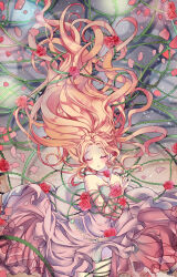  ayasal blonde_hair choker closed_eyes dress flower flower_choker heart-shaped_gem highres painttool_sai_(medium) petals pink_dress plant red_flower red_rose restrained rose sleeping_beauty_(fairy_tale) vines 