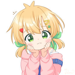  1girl antenna_hair blonde_hair blue_overalls bow child commentary_request green_bow green_eyes hair_bow hair_ornament hairclip hands_on_own_cheeks hands_on_own_face hao_(pila-pela) hood hood_down hoodie looking_at_viewer low_twintails notice_lines original overalls pila-pela pink_hoodie simple_background solo twintails upper_body white_background 