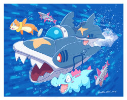  black_sclera buizel colored_sclera fins fish highres open_mouth pink_pupils pokemon pokemon_(creature) pokemon_focus pokemon_pokopia red_eyes shark sharp_teeth sharpedo submarine tail teeth totodile veluza waniwani_(hyda7523) watercraft 