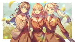  3girls :d black_hair blonde_hair blue_eyes blurry blurry_foreground blush border brown_cardigan cardigan closed_mouth commentary crossed_bangs dress falling_leaves fang flower green_eyes grin hair_flower hair_ornament hasu_no_sanrenka hasu_no_sora_school_uniform highres hinoshita_kaho leaf long_sleeves looking_at_viewer love_live! love_live!_hasu_no_sora_jogakuin_school_idol_club medium_hair mikagami_suzuha multiple_girls murano_sayaka neckerchief open_cardigan open_clothes open_mouth osawa_rurino outdoors outside_border parted_bangs pink_flower rabbit_hair_ornament red_dress red_neckerchief sailor_collar sailor_dress school_uniform smile twintails two_side_up virtual_youtuber white_border white_sailor_collar winter_uniform 