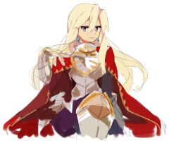 1boy anpolly armor blonde_hair blue_pants breastplate cape commentary_request earrings gauntlets hair_between_eyes hand_up jewelry long_hair looking_at_viewer male_focus pants parted_lips red_cape sekaiju_no_meikyuu sekaiju_no_meikyuu_3 simple_background sketch smile solo sovereign_(sekaiju) sovereign_3_(sekaiju) teeth v-shaped_eyebrows violet_eyes white_background 