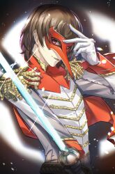  1boy absurdres akechi_goro blue_lightsaber brown_hair cowboy_shot crow_(persona_5) energy_sword gloves grin highres holding holding_sword holding_weapon lightsaber long_sleeves looking_at_viewer mask megami_tensei official_alternate_costume persona persona_5 red_eyes red_mask shirt short_hair smile solo spotlight sword wanderstillart weapon white_gloves white_shirt 