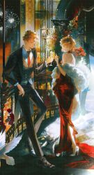  1boy 1girl absurdres aerial_fireworks backless_dress backless_outfit balcony bird black_jacket black_pants black_shoes black_suit blue_eyes breasts brown_hair cat champagne_flute chinese_commentary closed_mouth collared_shirt commentary_request cup dress drinking_glass fireworks flower formal_clothes full_body fur_shawl grey_vest haibara_ai hakuba_saguru halter_dress halterneck high_heels highres holding holding_cup jacket jishikou long_dress long_sleeves magic_kaito medium_breasts meitantei_conan necktie night pants parted_lips people red_dress red_necktie shawl shirt shoes short_hair standing stiletto_heels suit suit_jacket tile_floor tiles vase vest waistcoat watermark watermark_grid white_bird white_shirt white_shoes 
