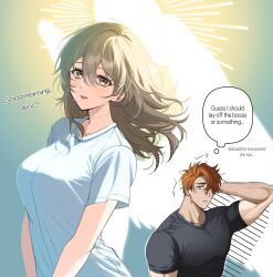  1boy 1girl adam's_apple alex_(degrees_of_lewdity) alex_(male)_(degrees_of_lewdity) angel angel_wings arm_behind_head biceps breasts brown_eyes brown_hair commentary crew_neck curtained_hair degrees_of_lewdity double-parted_bangs english_text freckles glowing glowing_halo gradient_background green_eyes hair_between_eyes halo hetero highres horizontal_pupils large_breasts light_blush long_hair looking_at_viewer orange_hair original pectorals player_character_(degrees_of_lewdity) player_character_(female)_(degrees_of_lewdity) rainccc shirt short_hair short_sleeves simple_background smile tight_clothes tight_shirt toned toned_male untranslatable_commentary upper_body v_arms very_short_hair white_shirt wings 