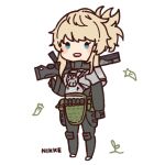  1girl armor belt_pouch blonde_hair blush_stickers breastplate commentary_request copyright_name full_body goddess_of_victory:_nikke gun holding holding_gun holding_weapon long_hair long_sleeves military military_uniform natsuyagi open_mouth pinne_(nikke) pouch shoulder_armor simple_background sleeves_past_fingers sleeves_past_wrists smile solo teeth uniform upper_teeth_only weapon white_background wide_sleeves 