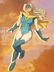  1girl absurdres amulet arms_at_sides blonde_blazer blonde_hair blue_boots blue_eyes blue_gloves blue_leotard blue_mask bodysuit boots breasts bug cape clouds commentary dispatch drop_shadow english_commentary english_text eye_mask eyelashes floating_hair fly full_body gem gloves highres knee_up large_breasts leotard light_smile long_hair looking_to_the_side mask mysterion11art narrow_waist open_hands orange_sky outstretched_arms parted_bangs red_gem short_cape sky spread_arms superhero_costume thigh_boots toned toned_female twilight watermark white_bodysuit white_sleeves yellow_cape 