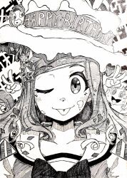  4girls :p ;p blush bow character_request closed_mouth collarbone confetti copyright_request eyelashes food-themed_hat greyscale hair_ornament heart highres hw602mgcm lips long_hair monochrome multiple_girls one_eye_closed open_mouth portrait smile solo_focus star_(symbol) star_hair_ornament sweat tongue tongue_out v 