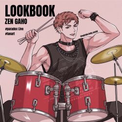  1boy 54roboku black_collar black_pants black_shirt bluesky_username bracelet brown_hair chain chain_necklace character_name collar drum drumsticks ear_piercing english_text gaho_zen hashtag highres holding holding_drumsticks instrument jewelry male_focus multiple_necklaces necklace official_alternate_costume official_alternate_hairstyle open_mouth pants paradox_live piercing ring shirt short_hair silver_ring sleeveless sleeveless_shirt spiked_bracelet spikes undercut very_short_hair white_background 