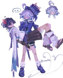  1boy 1girl absurdres ahoge anger_vein armor ascot assertive_female belt black_belt black_hair black_sandals black_shirt black_shorts blue_gem blue_sleeves blunt_ends blush blush_stickers bridal_gauntlets brooch carrying couple curly_ends disembodied_head faceless faceless_female faceless_male facing_another frilled_socks frills full_body furina_(genshin_impact) furisode gem genshin_impact gloves grey_bridal_gauntlets hakama hakama_shorts hand_on_another's_thigh hat hetero highres jacket japanese_armor japanese_clothes jewelry kimono kote kurokote layered_sleeves leg_warmers long_sleeves multicolored_hair no_mouth open_clothes open_jacket pleated_shorts princess_carry purple_ascot purple_hat purple_jacket purple_rope purple_sash purple_shoes purple_sleeves rope sandals sash scaramouche_(genshin_impact) scarastar shirt shoes short_hair short_sleeves shorts socks spoken_blush spoken_expression standing stirrup_legwear streaked_hair suit_jacket toeless_legwear top_hat twitter_username undershirt wanderer_(genshin_impact) watercolor_effect white_gloves white_hair white_kimono white_leg_warmers white_sleeves white_socks wolf_cut zouri 