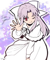  1girl artist_name capelet chest_ribbon closed_mouth curtained_hair dress english_text fur-trimmed_capelet fur_trim grey_hair highres melty_blood:_twi-lumina one_eye_closed pom_pom_(clothes) red_eyes sidelocks smile solo spdcooler waving white_dress white_len_(tsukihime) 