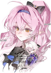  1boy 1girl absurdly_long_hair ahoge ascot black_boots black_bow black_bowtie black_capelet black_cloak black_pants boots bow bowtie bright_pupils capelet chibi chinese_commentary cloak closed_mouth colored_eyelashes commentary_request commission cropped_torso crossed_bangs diamond-shaped_pupils diamond_(shape) earrings eyes_visible_through_hair frilled_sleeves frills gold_earrings hair_between_eyes hair_bow hair_intakes hair_ornament hairband happy high-waist_pants high_ponytail highres jewelry light_smile lips long_hair long_sleeves original pants pink_hair pointy_ears ponytail puffy_long_sleeves puffy_short_sleeves puffy_sleeves purple_cloak purple_hairband purple_ribbon ribbon sample_watermark senmesenye short_sleeves simple_background sleeve_ribbon sleeves_past_wrists studded_hairband studs symbol-shaped_pupils two-sided_capelet two-sided_cloak two-sided_fabric vertical-striped_capelet very_long_hair watermark wavy_hair white_ascot white_background white_hair white_pupils white_sleeves yellow_eyes 