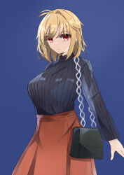  1girl absurdres alternate_costume antenna_hair arcueid_brunestud bag black_sweater blonde_hair blue_background breasts hair_between_eyes handbag highres large_breasts long_skirt looking_at_viewer orange_skirt plaid_clothes plaid_skirt red_eyes ribbed_sweater short_hair sidelocks single_hair_intake skirt solo sweater tam002 tsukihime 