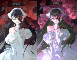  1girl alien_stage artist_name bandana before_and_after black_hair dress earrings elbow_gloves flower gloves hair_between_eyes highres jewelry long_hair looking_at_viewer off-shoulder_dress off_shoulder red_flower smile solo sphere_earrings string string_of_fate sua_(alien_stage) sua_(zombie_stage) tanyaf2026 thick_eyebrows violet_eyes white_bandana white_dress white_gloves zombie_stage 