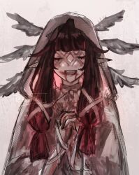  1girl alternate_costume arm_strap artist_name black_hair blood blood_on_clothes blood_on_face blood_on_hand blunt_bangs closed_eyes colored_inner_hair columbina_(genshin_impact) dress english_commentary eye_mask eyelashes fangs feathered_wings genshin_impact gradient_hair hair_ornament hands_up head_wings highres long_sleeves mask multicolored_hair multiple_wings open_clothes own_hands_together pink_hair pink_lips pointy_ears see-through_clothes see-through_mask see-through_veil sidelocks simple_background smile solo teeth tscamver two-tone_hair vampire veil white_background white_dress wide_sleeves wings x_hair_ornament 