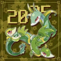  2025 :o artist_name chinese_zodiac ci_spl closed_mouth commentary_request evolutionary_line floral_background frown green_background korean_commentary looking_at_another looking_at_viewer no_humans open_mouth pokemon pokemon_(creature) pokemon_focus red_eyes sakuramon serperior servine smile snake snivy twitter_username year_of_the_snake 
